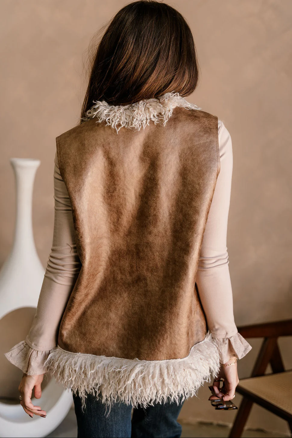 Macy Brown Suede & Shag Fur Vest - Image 9