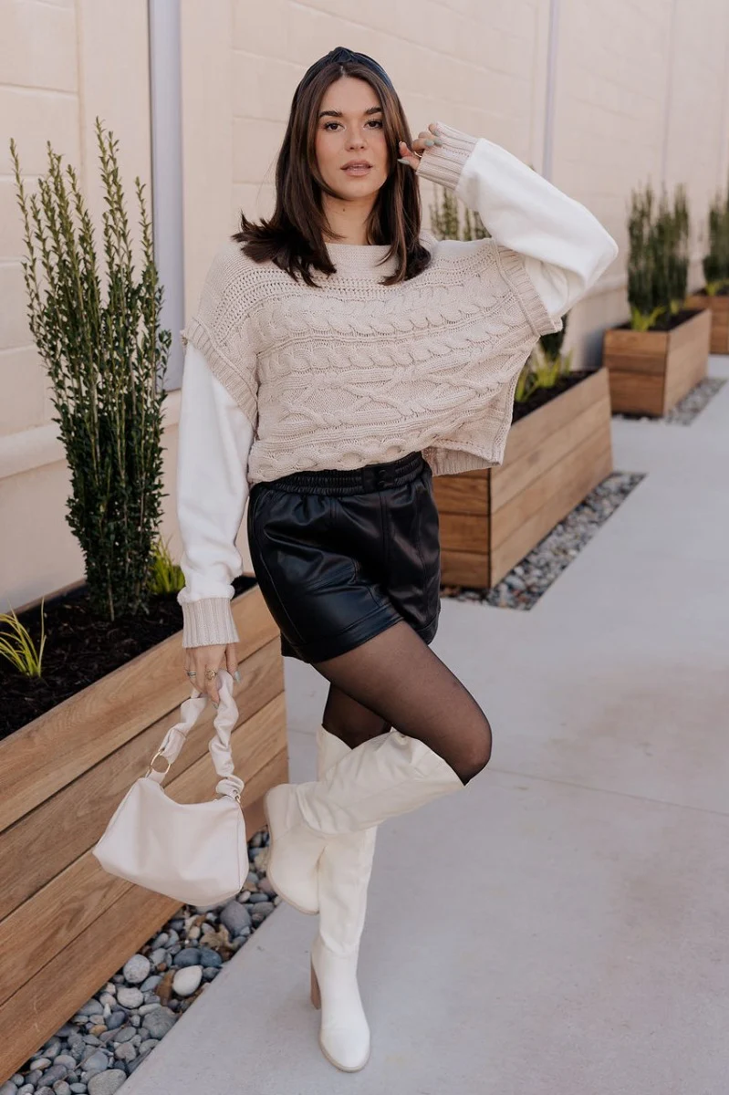 Madalyn Beige & White Cable Knit Long Sleeve Sweater - Image 2