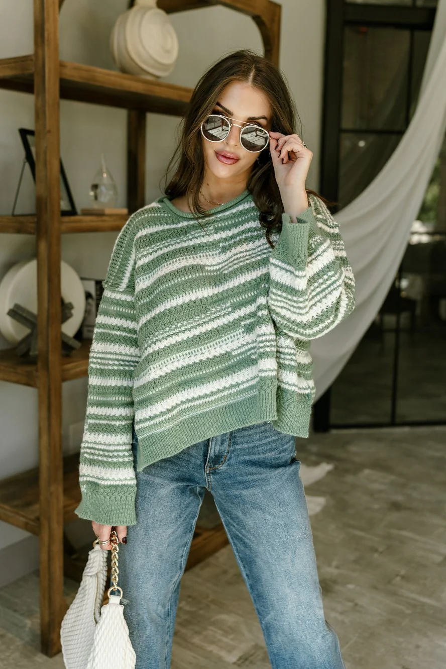 Maddie Green & White Striped Sweater