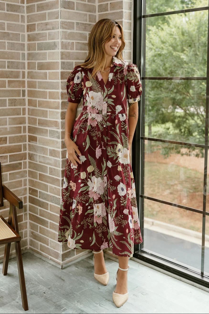 Madeline Burgundy Floral Midi Dress - Image 2