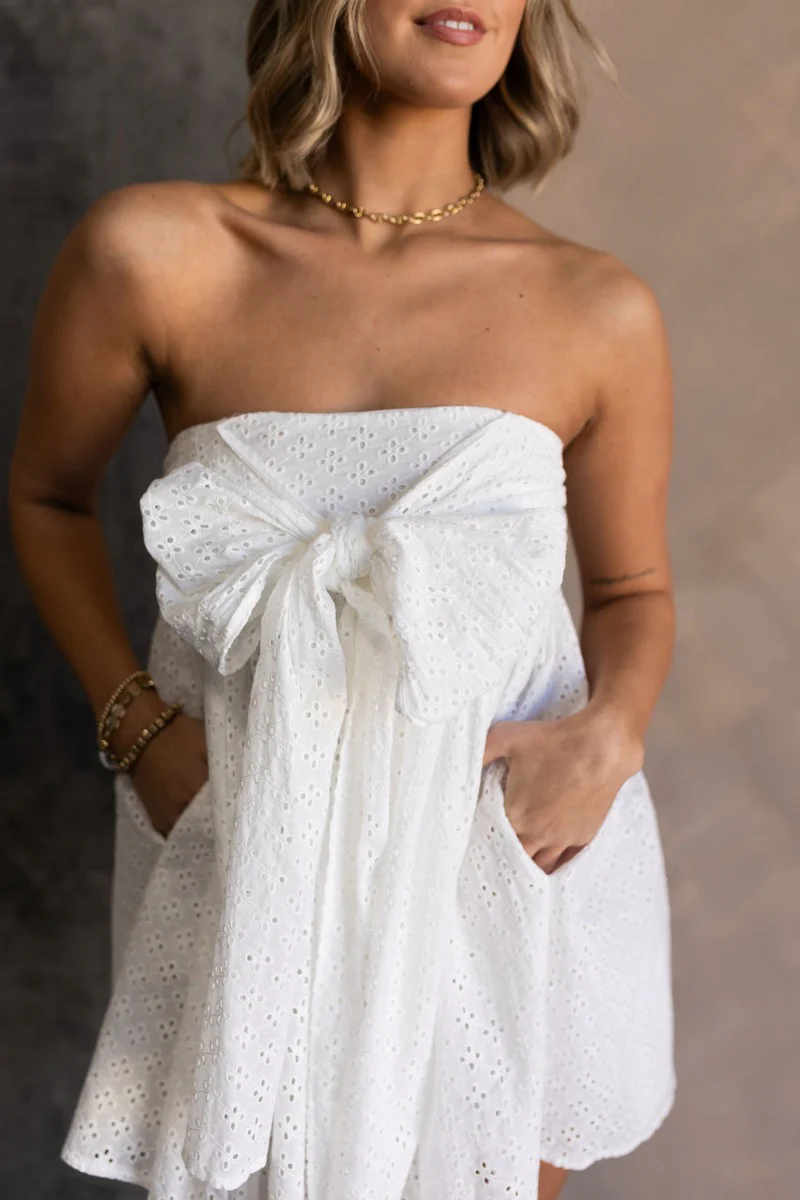 Madeline White Eyelet Bow Mini Dress - Image 4