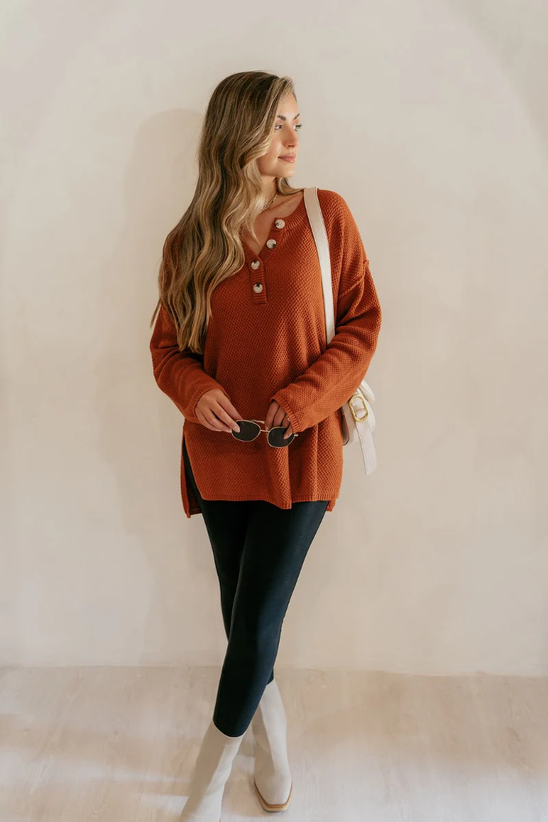 Madelyn Rust Oversized Henley Sweater