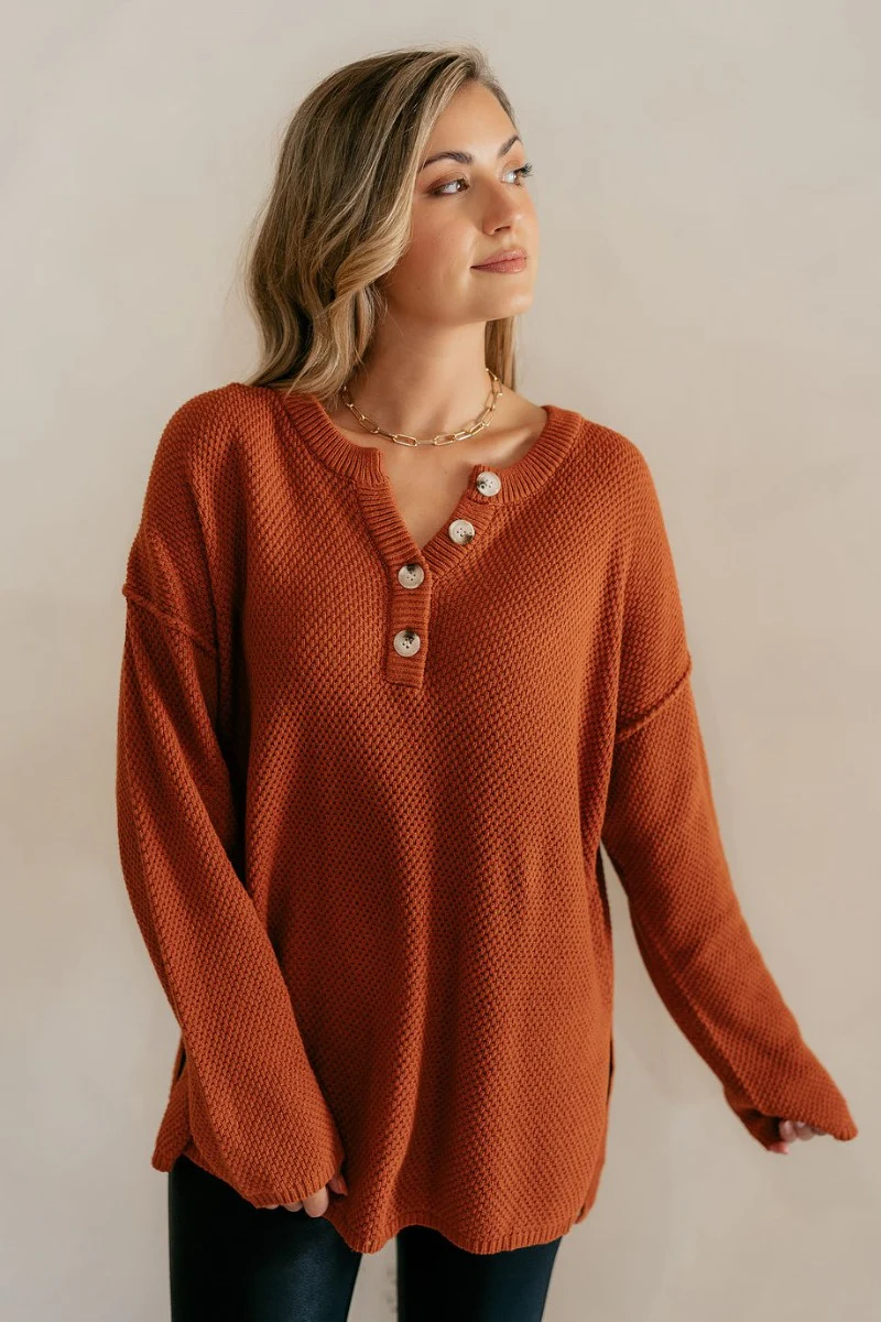 Madelyn Rust Oversized Henley Sweater - Image 2