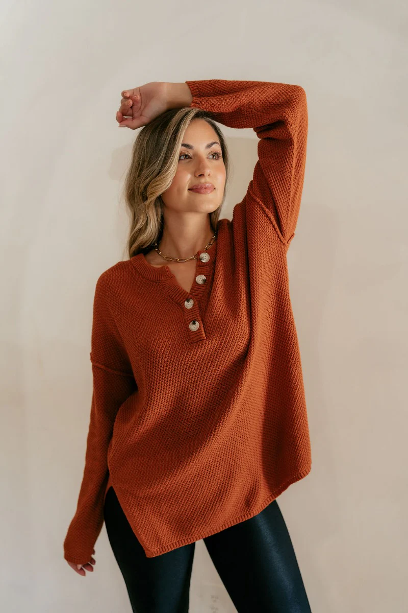 Madelyn Rust Oversized Henley Sweater - Image 3