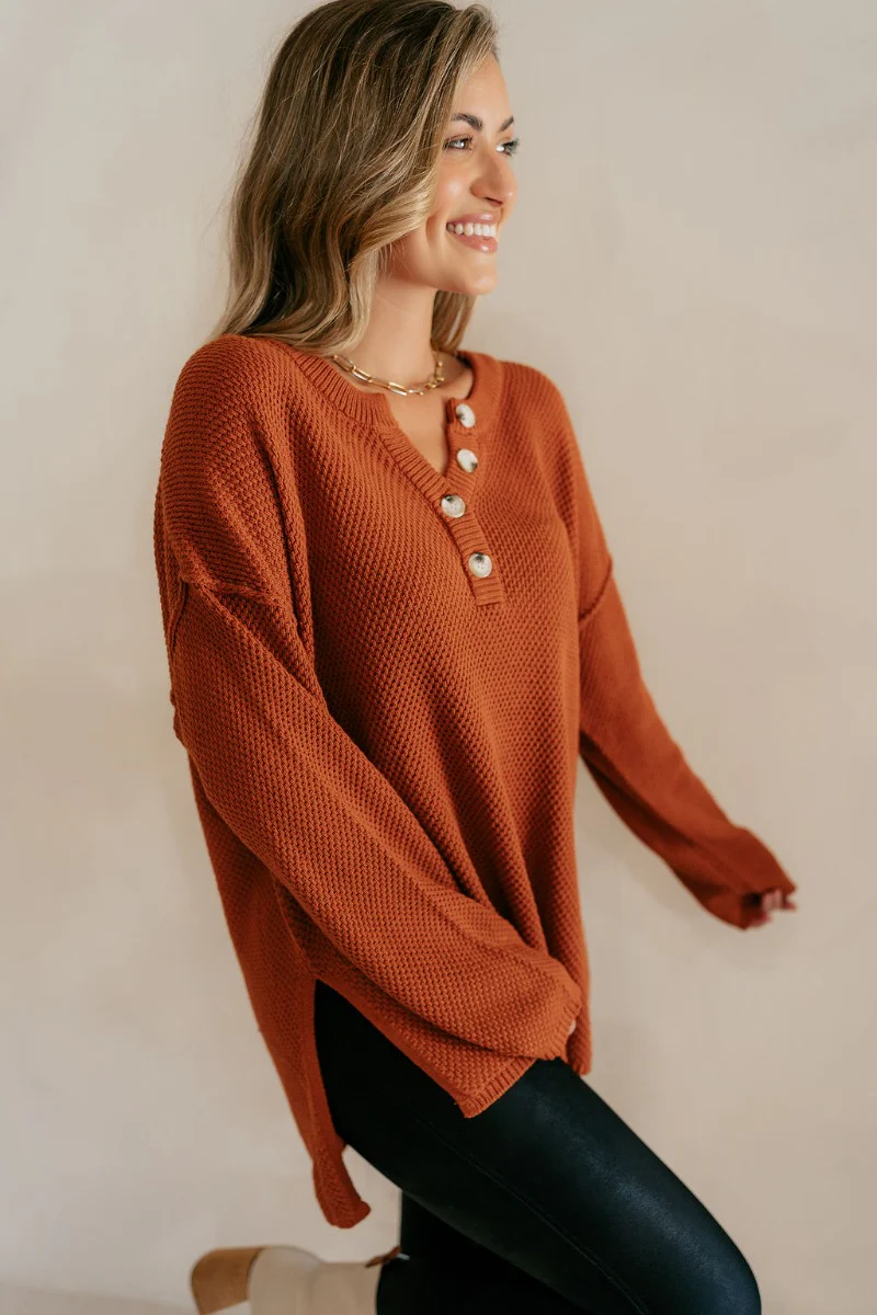 Madelyn Rust Oversized Henley Sweater - Image 4