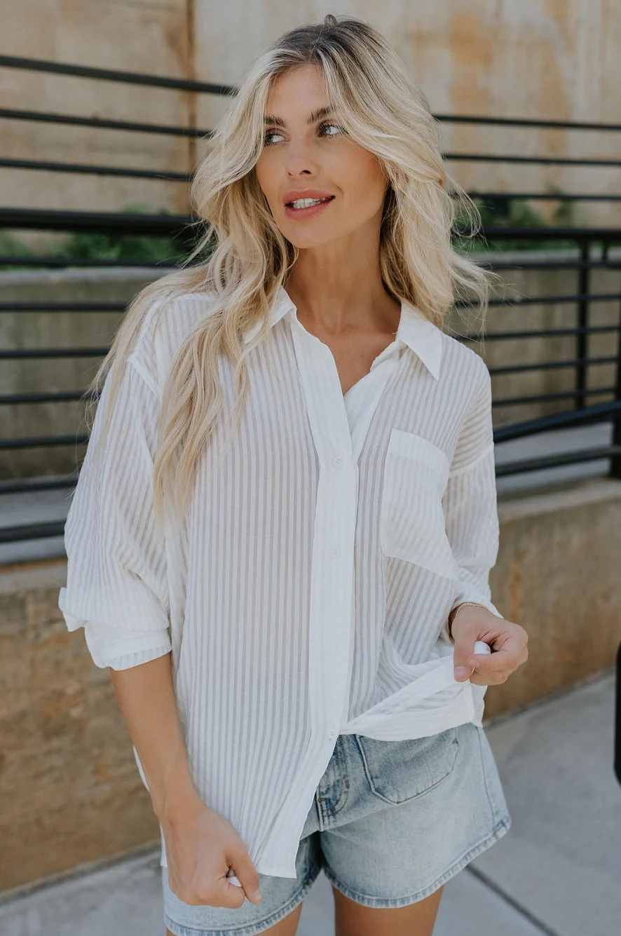 Madison Button Up Stripe Blouse - Image 12