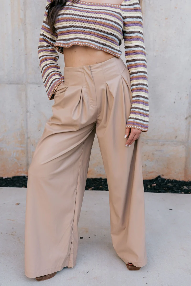 Malia Tan Faux-Leather Wide Leg Pants - Image 2