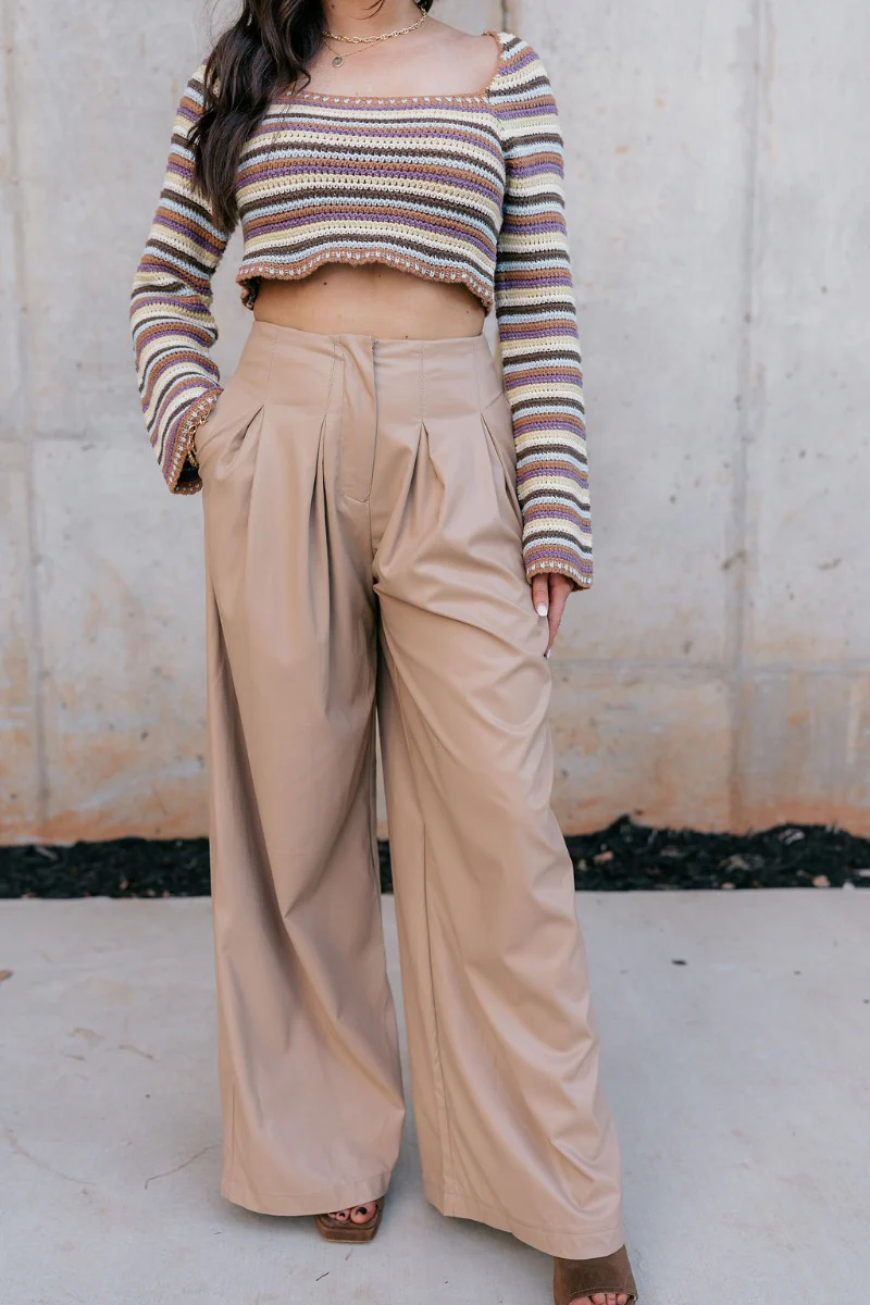 Malia Tan Faux-Leather Wide Leg Pants - Image 3