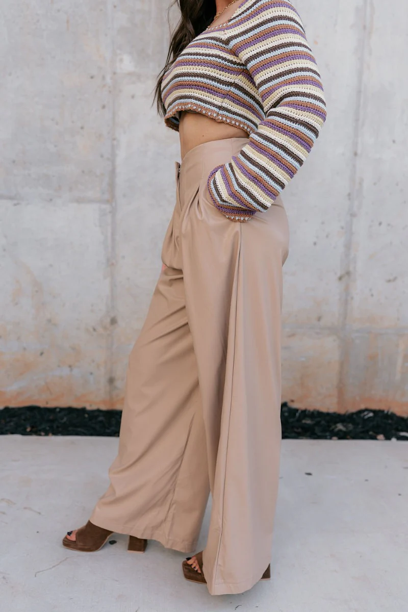 Malia Tan Faux-Leather Wide Leg Pants - Image 4