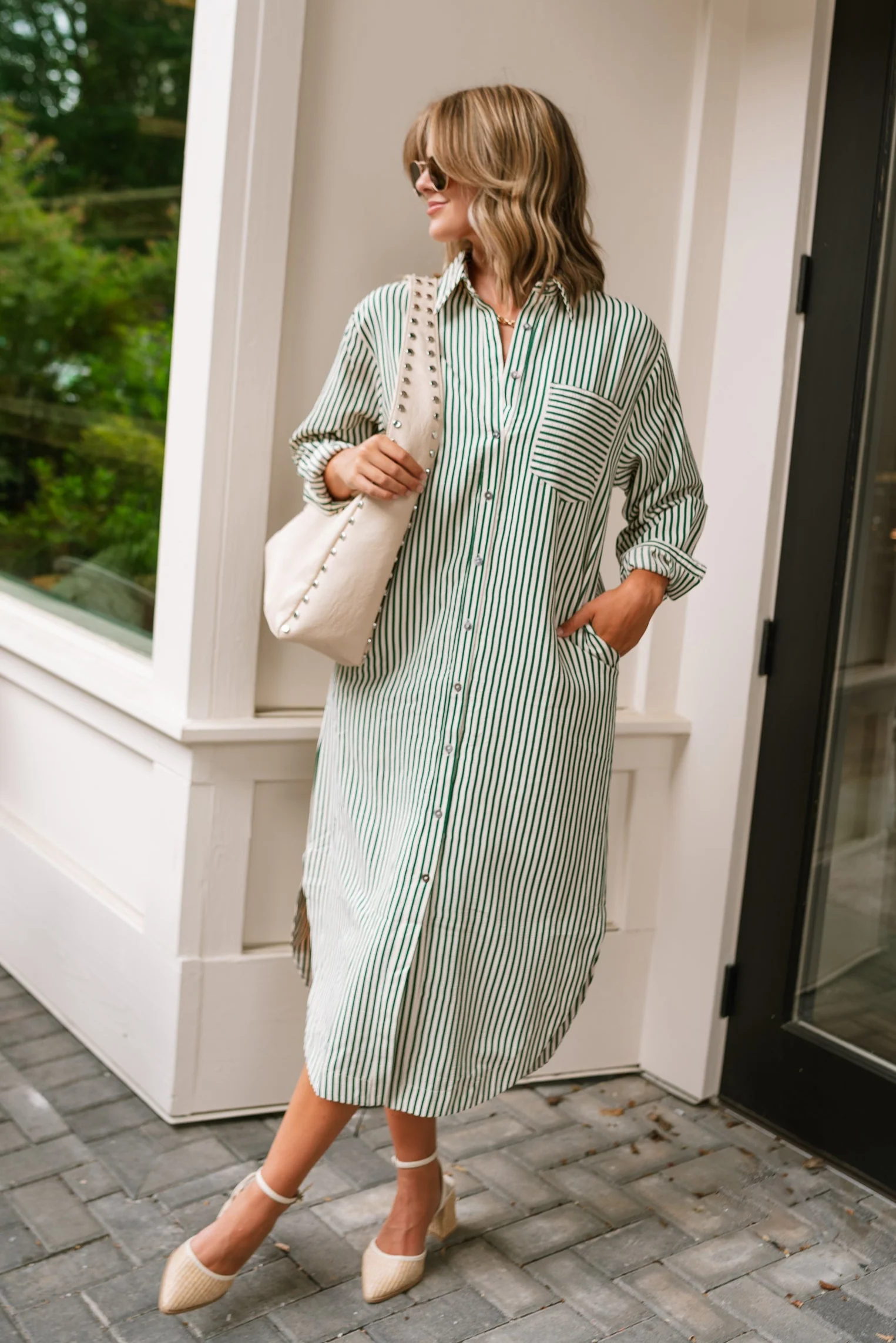 Mallory Green & Cream Striped Midi Dress - Image 2