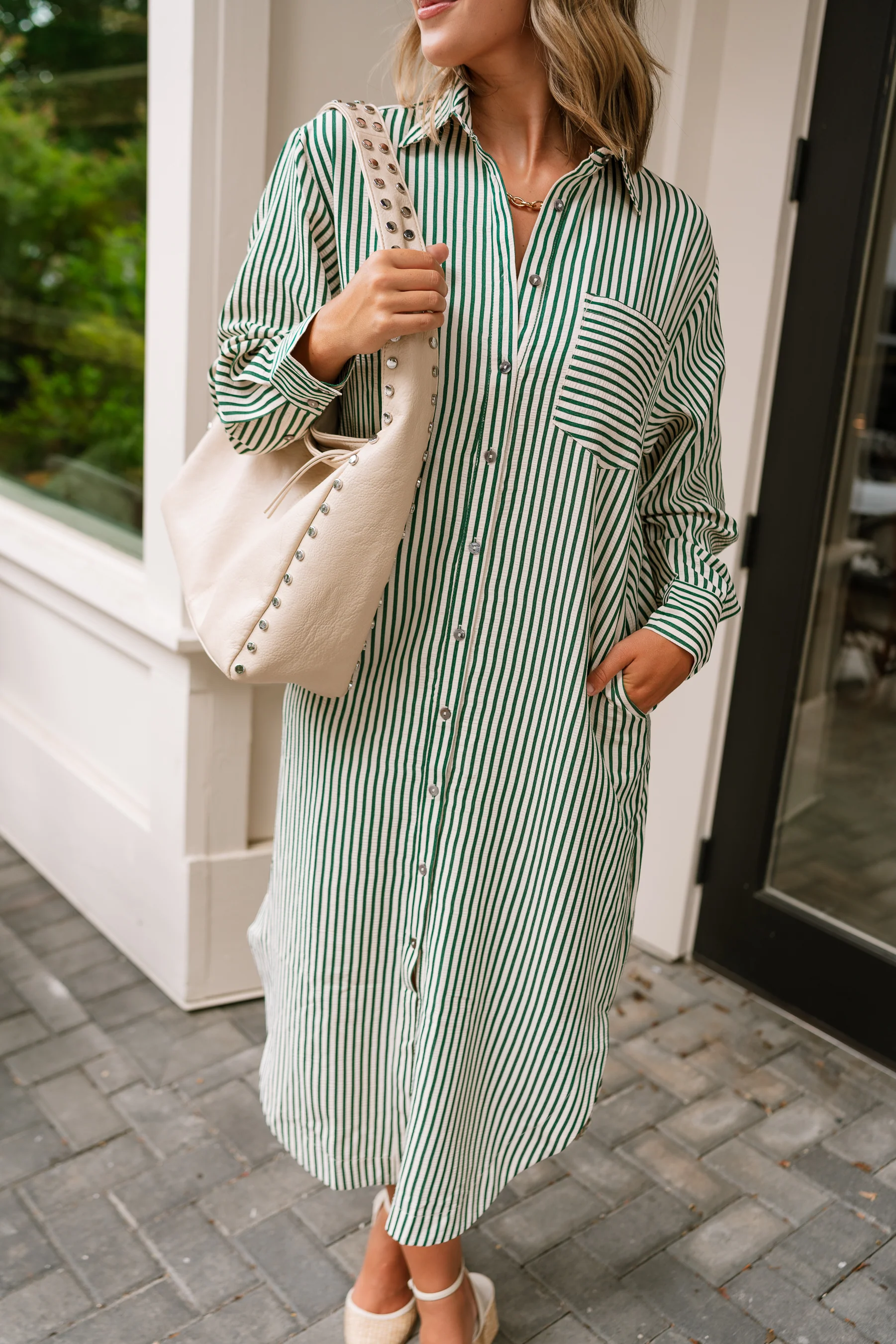 Mallory Green & Cream Striped Midi Dress - Image 3