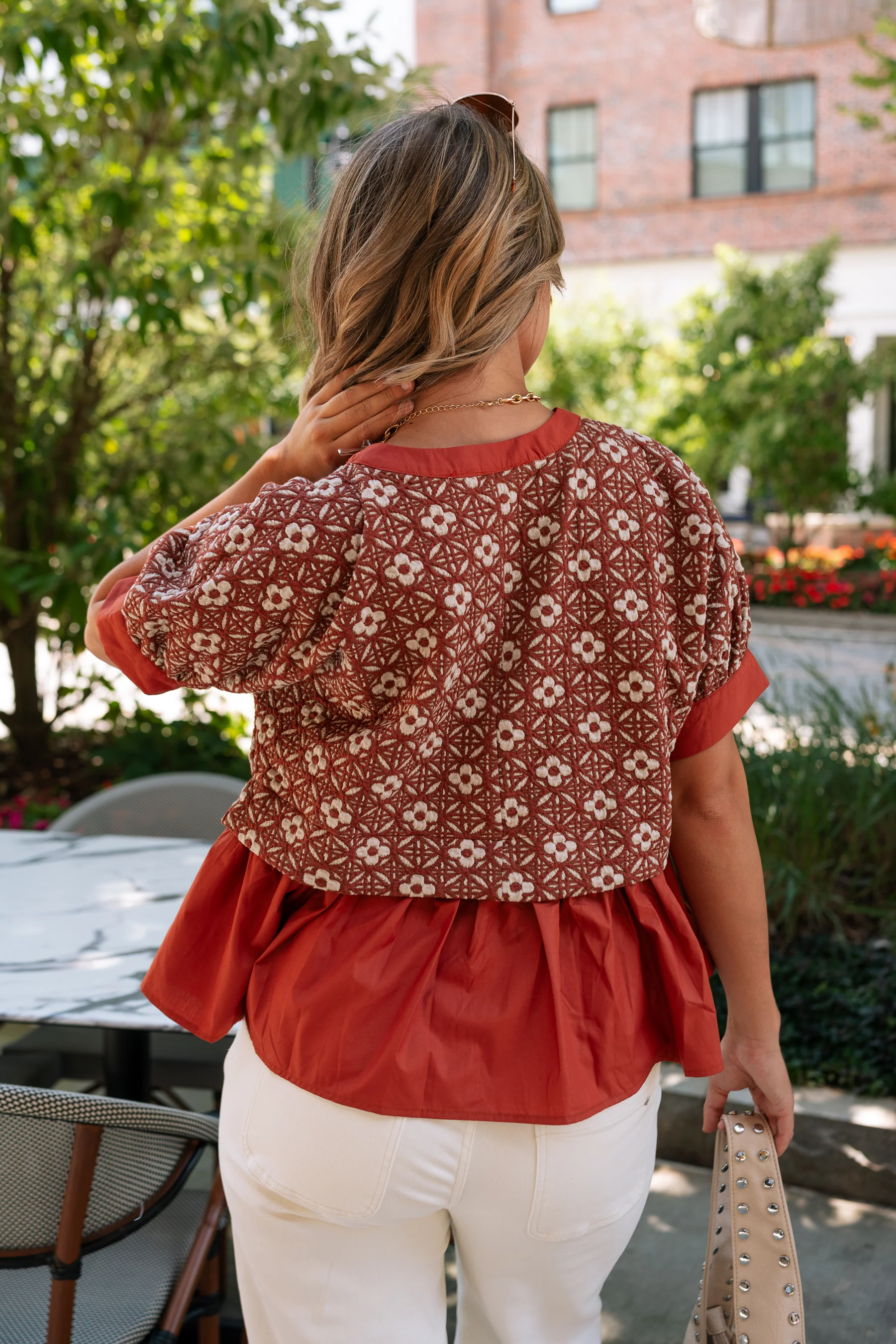 Mandy Rust & Cream Floral Peplum Top - Image 6