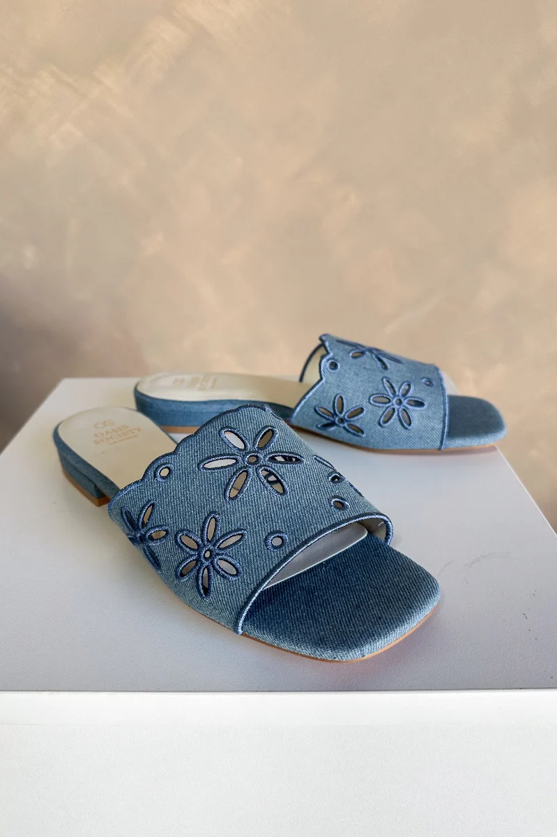 Manila Denim Eyelet Flower Heel Sandal