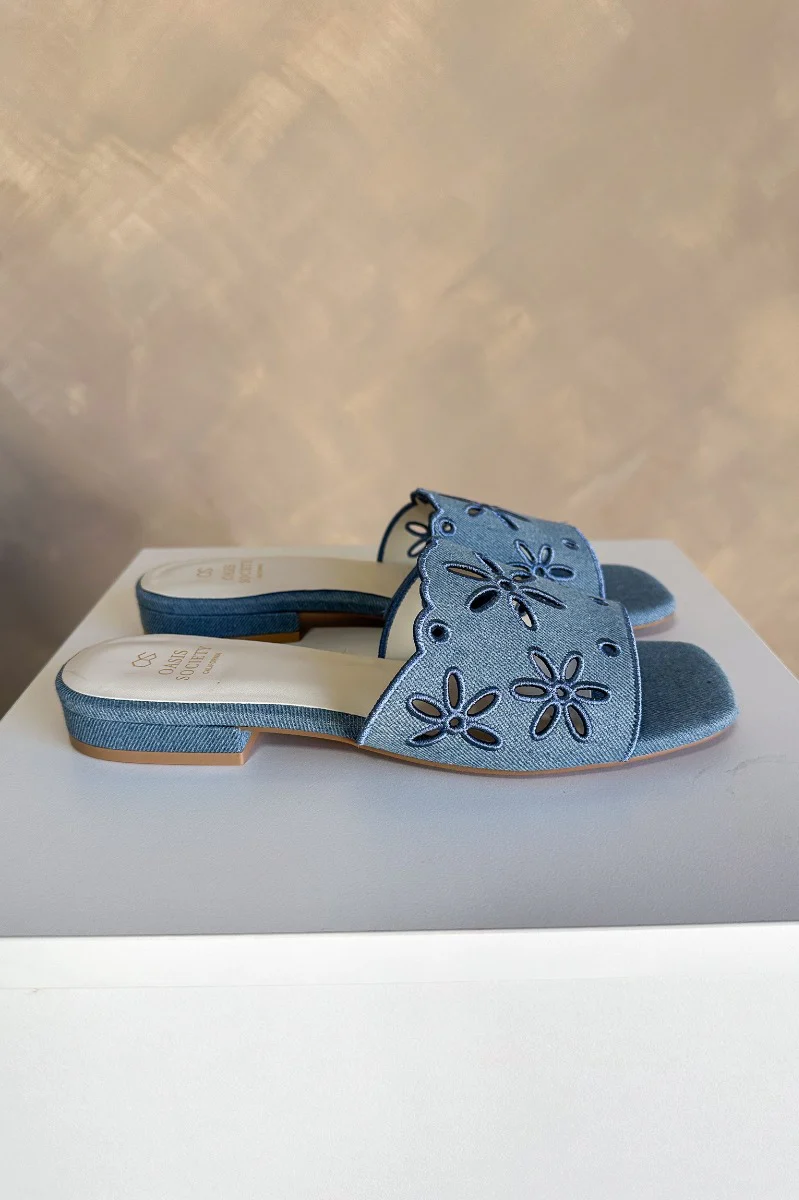 Manila Denim Eyelet Flower Heel Sandal - Image 5