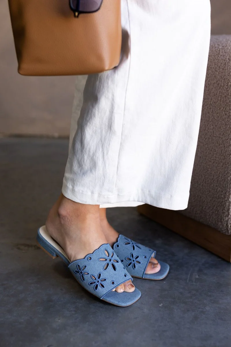 Manila Denim Eyelet Flower Heel Sandal - Image 7