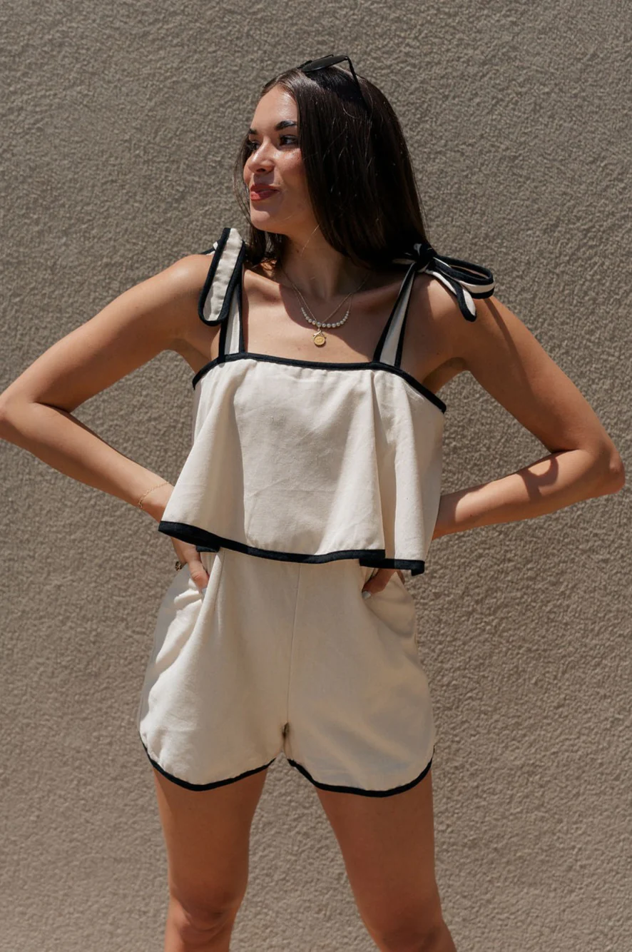 Mara Oatmeal & Black Linen Tie Straps Romper - Image 2