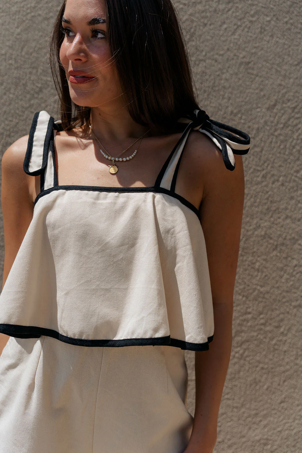 Mara Oatmeal & Black Linen Tie Straps Romper - Image 3