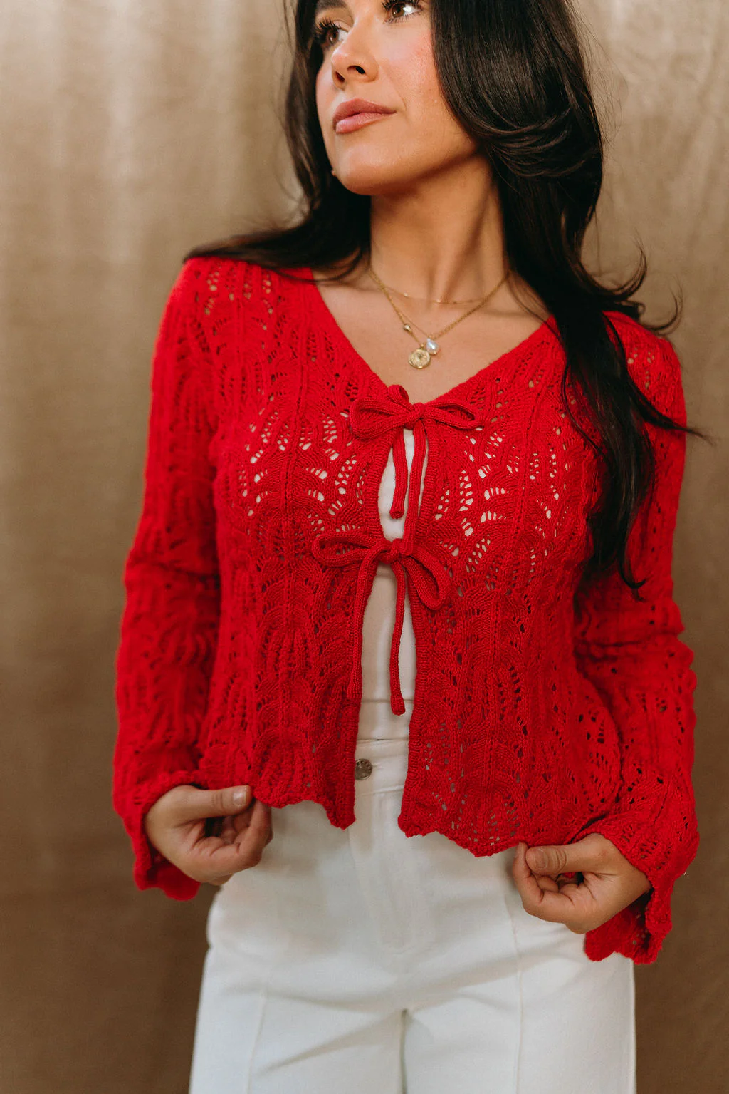 Margaret Red Knit Scallop Ties Cardigan - Image 2