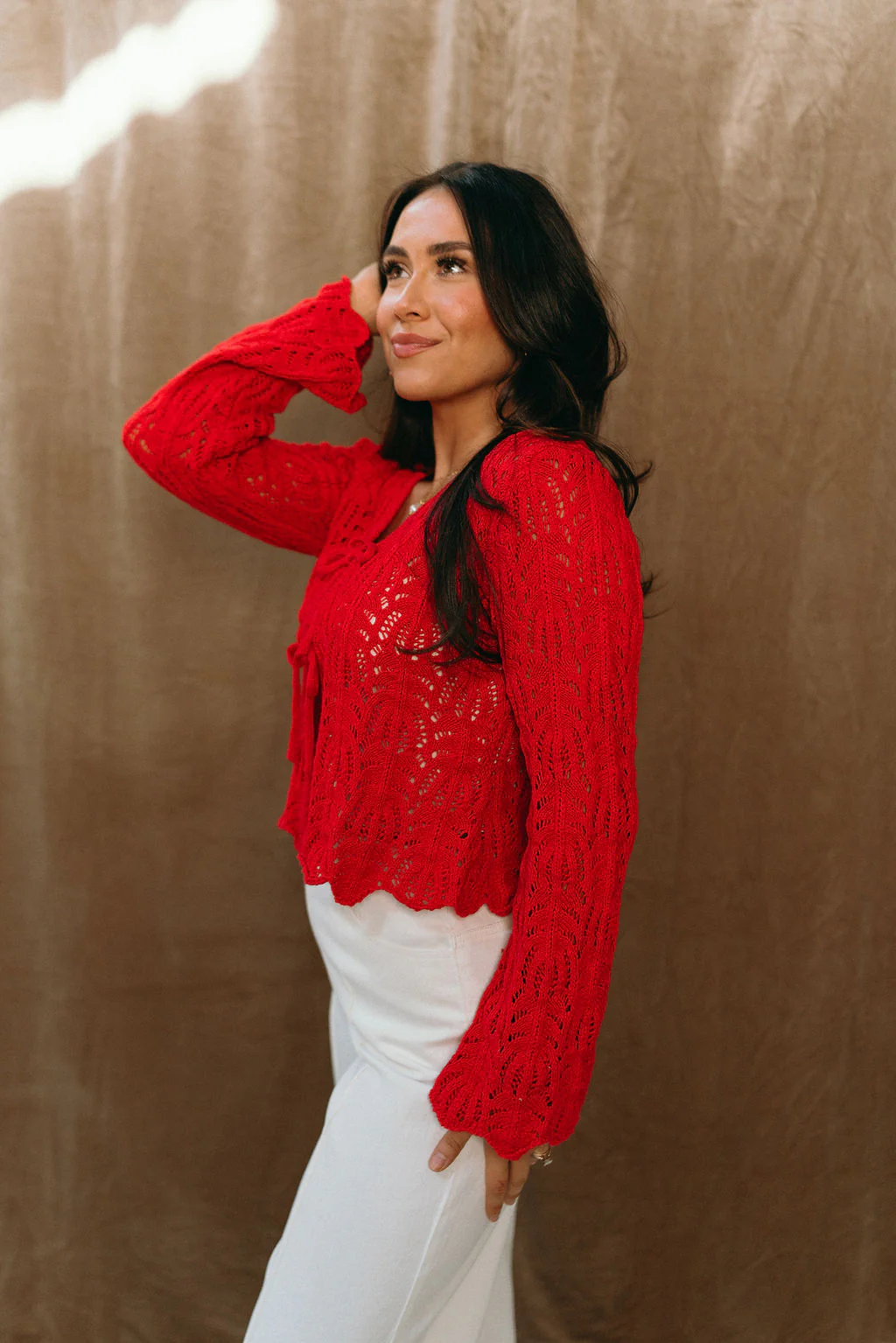 Margaret Red Knit Scallop Ties Cardigan - Image 3