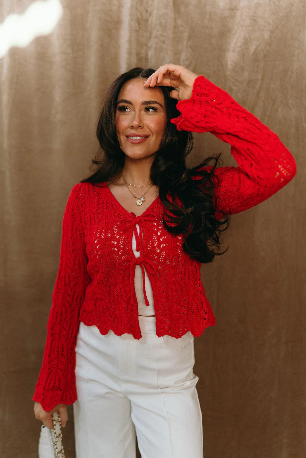 Margaret Red Knit Scallop Ties Cardigan - Image 5