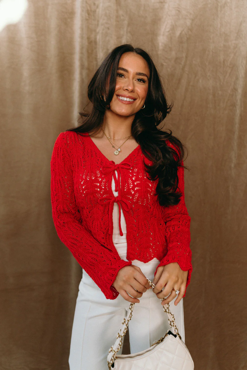 Margaret Red Knit Scallop Ties Cardigan - Image 7