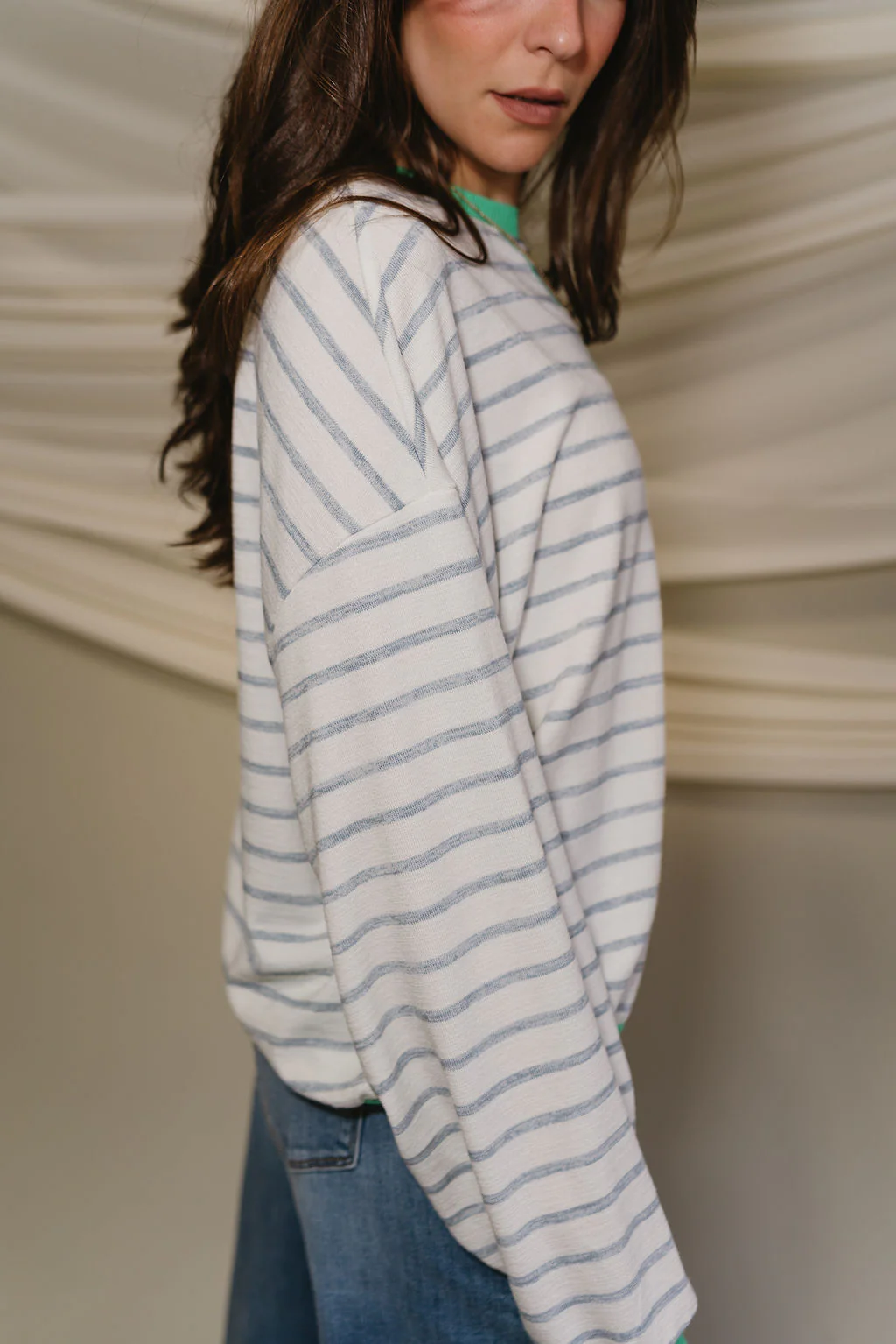 Margot Blue & Green Stripe White Long Sleeve Top - Image 2