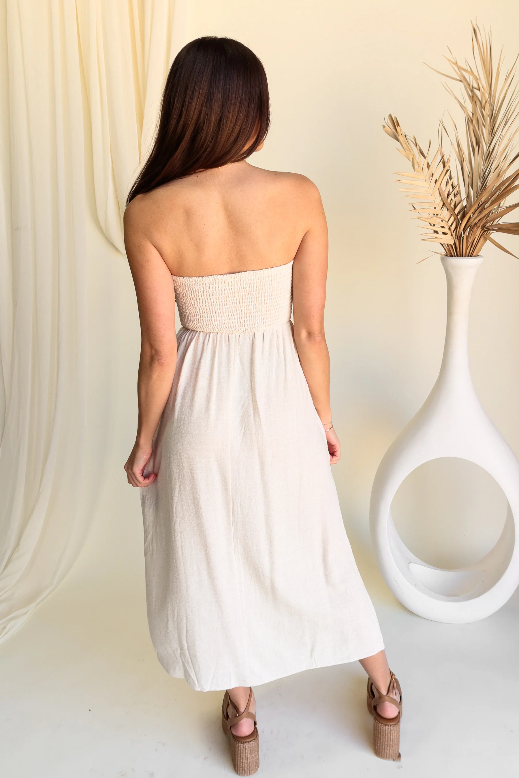Margot Natural Strapless Linen Midi Dress - Image 5