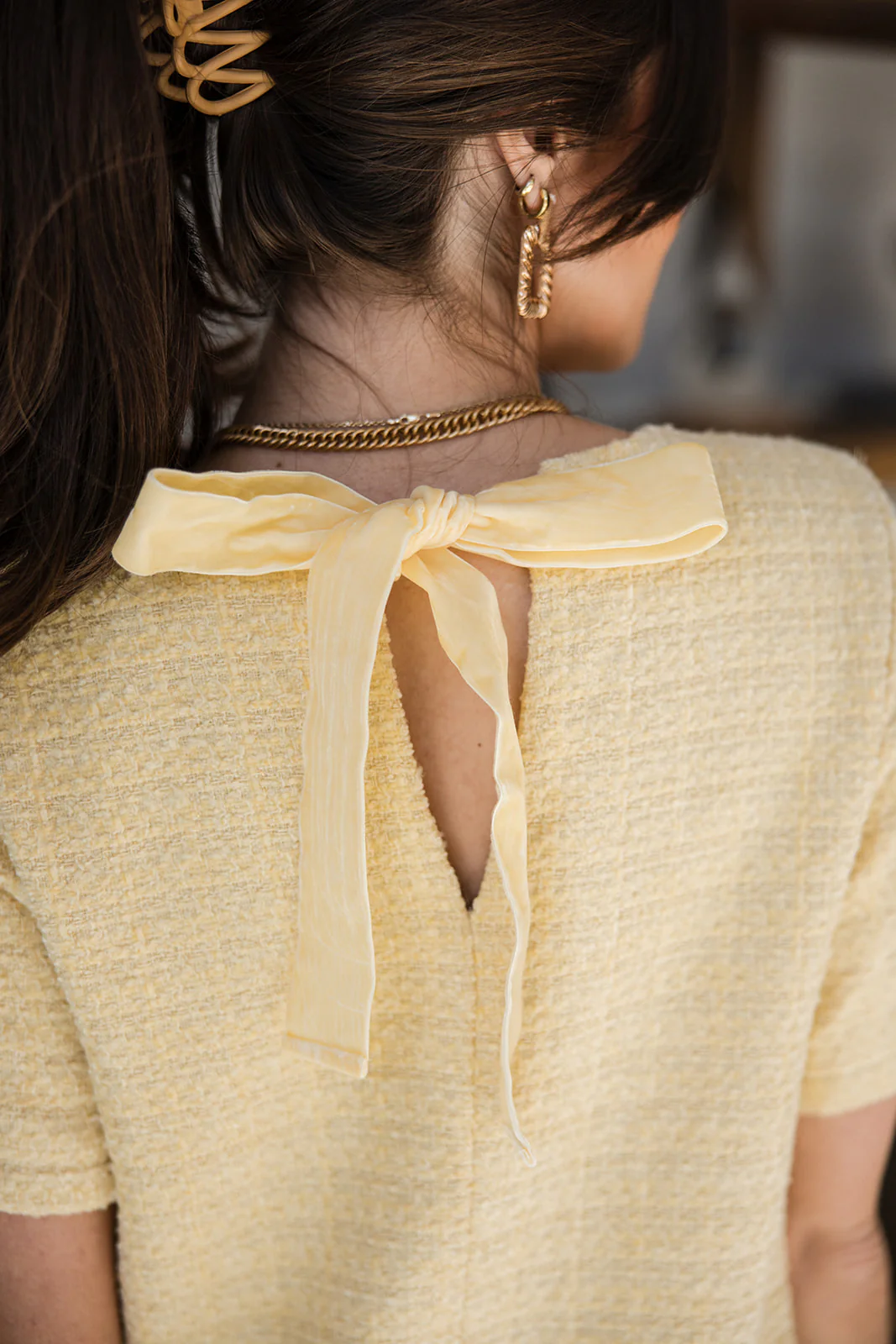 Maria Butter Yellow Tweed Bow Mini Dress - Image 3