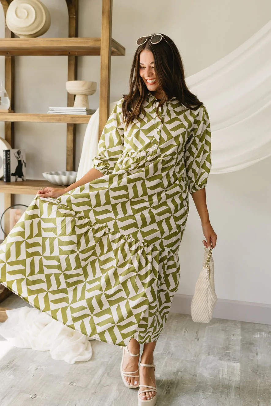 Maria Green & White Printed Midi Dress