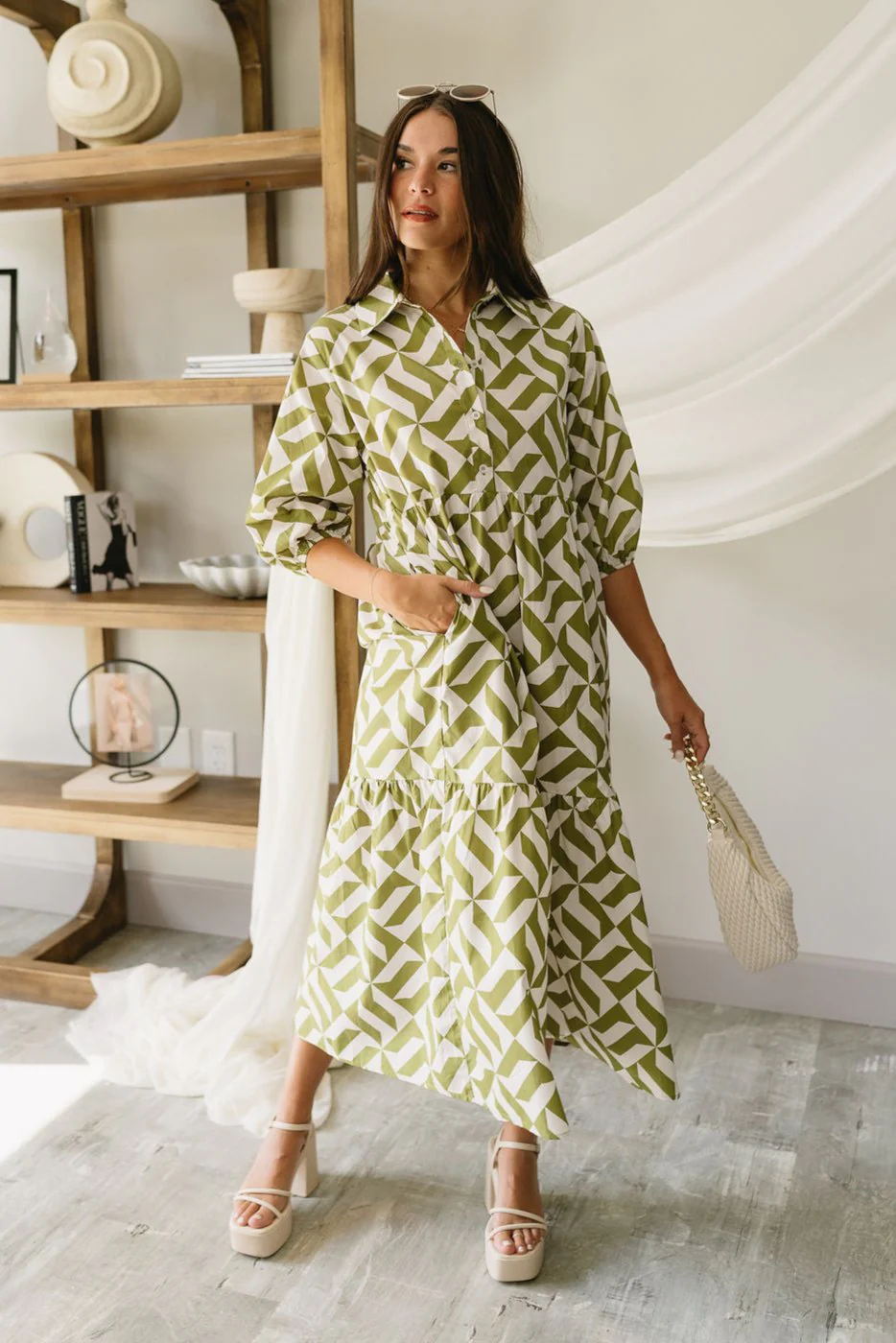 Maria Green & White Printed Midi Dress - Image 2