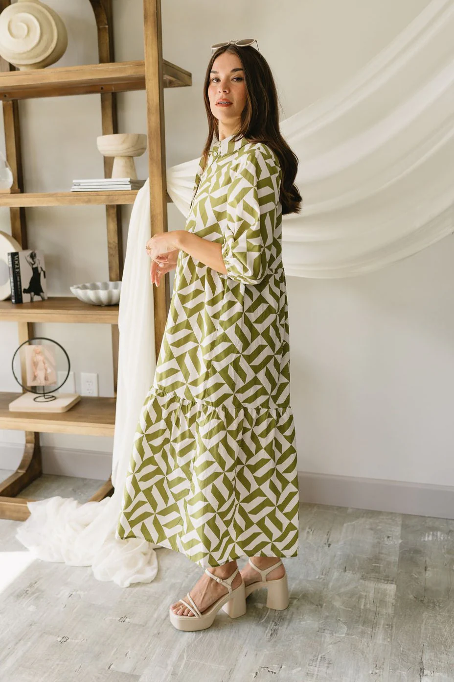 Maria Green & White Printed Midi Dress - Image 5