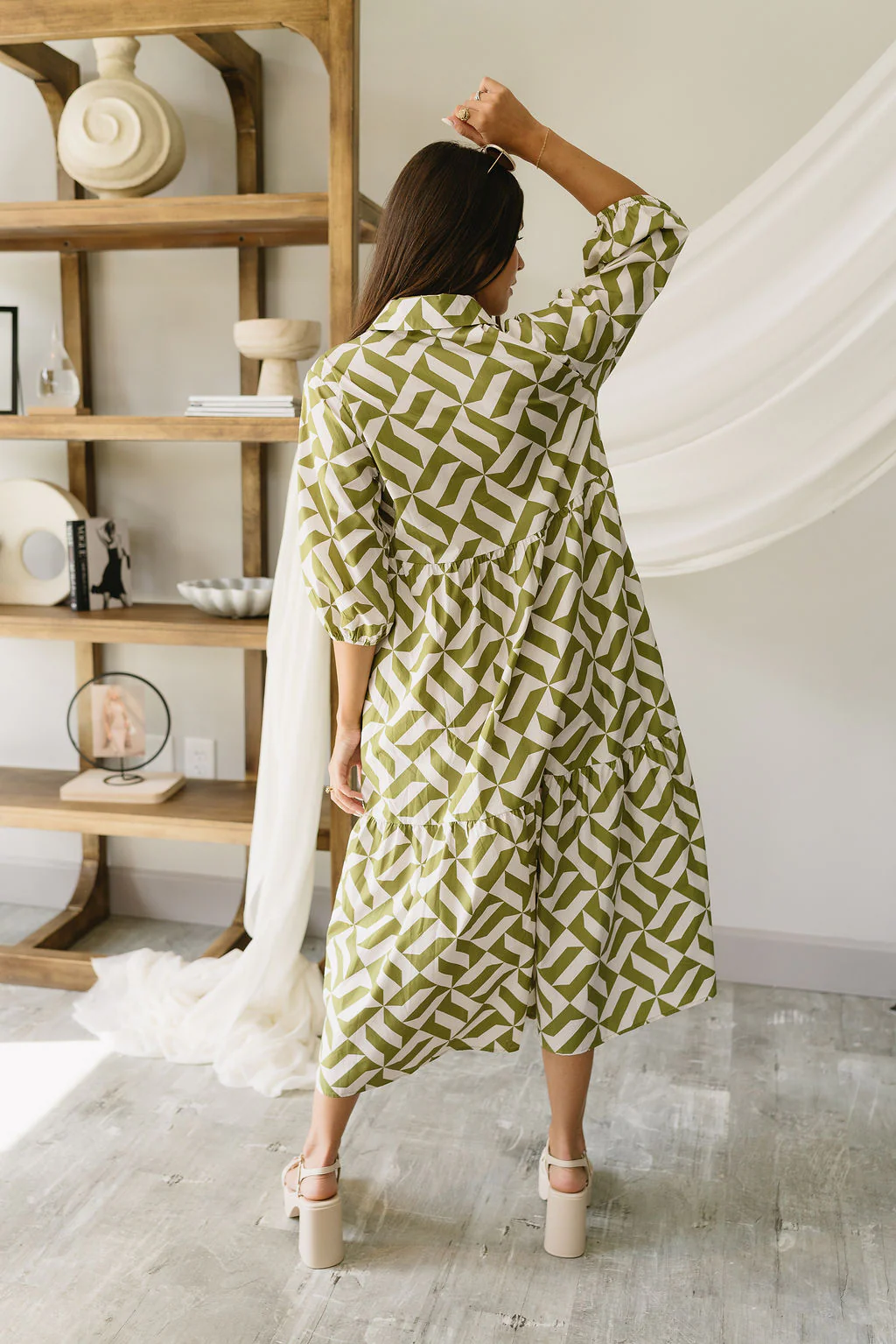 Maria Green & White Printed Midi Dress - Image 6