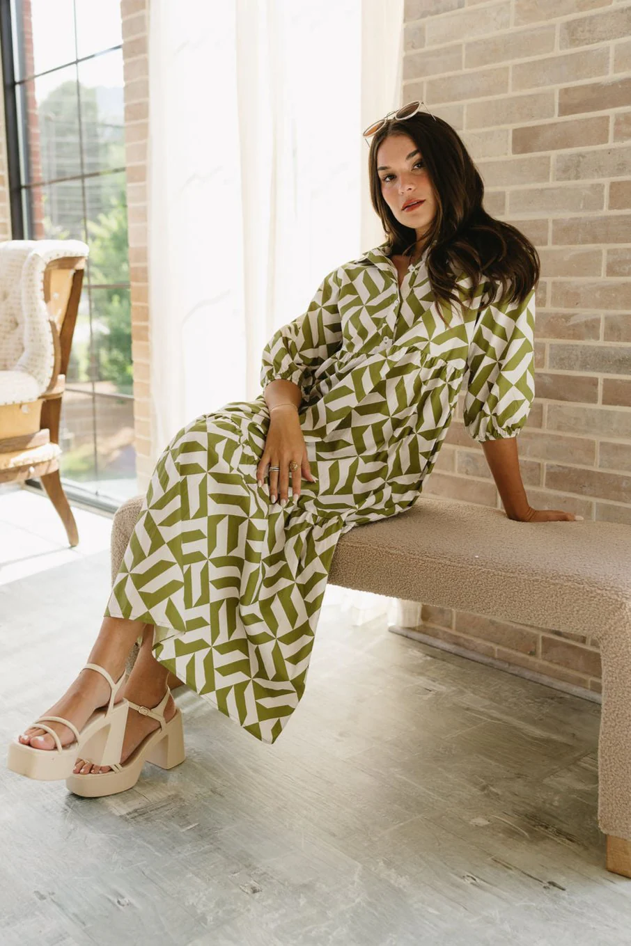 Maria Green & White Printed Midi Dress - Image 9