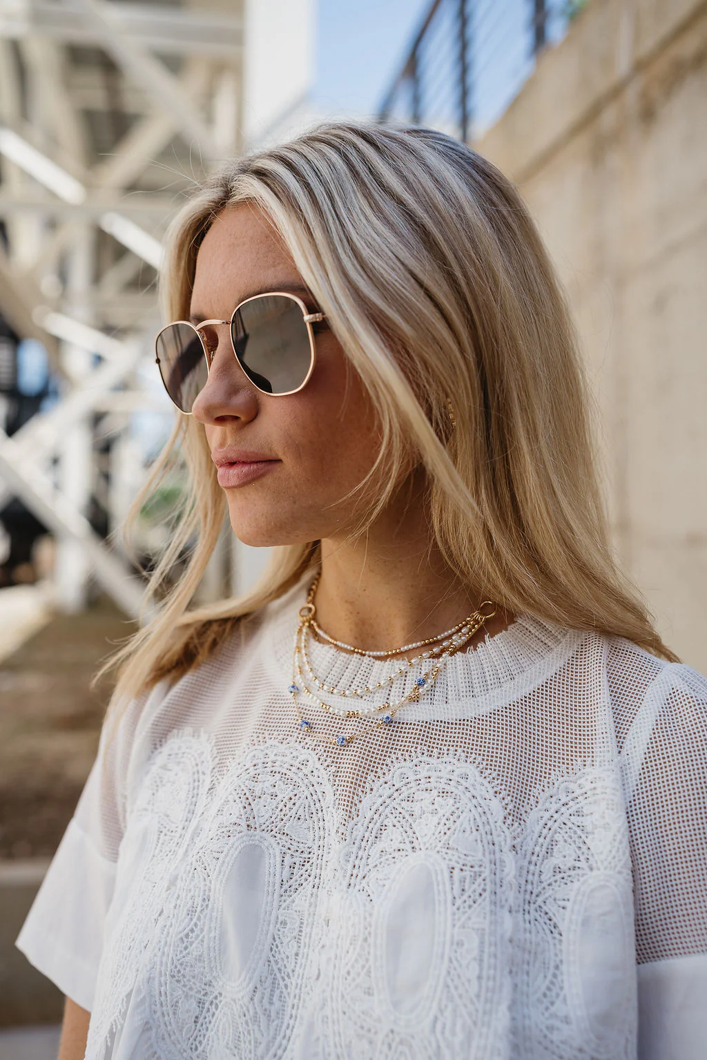 Maria White & Blue Floral Gold Layered Necklace - Image 2