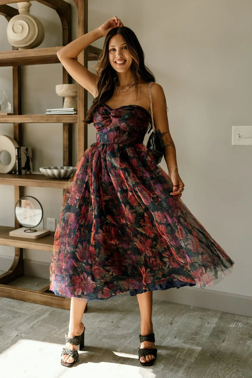 Mariah Navy Floral Tulle Midi Dress