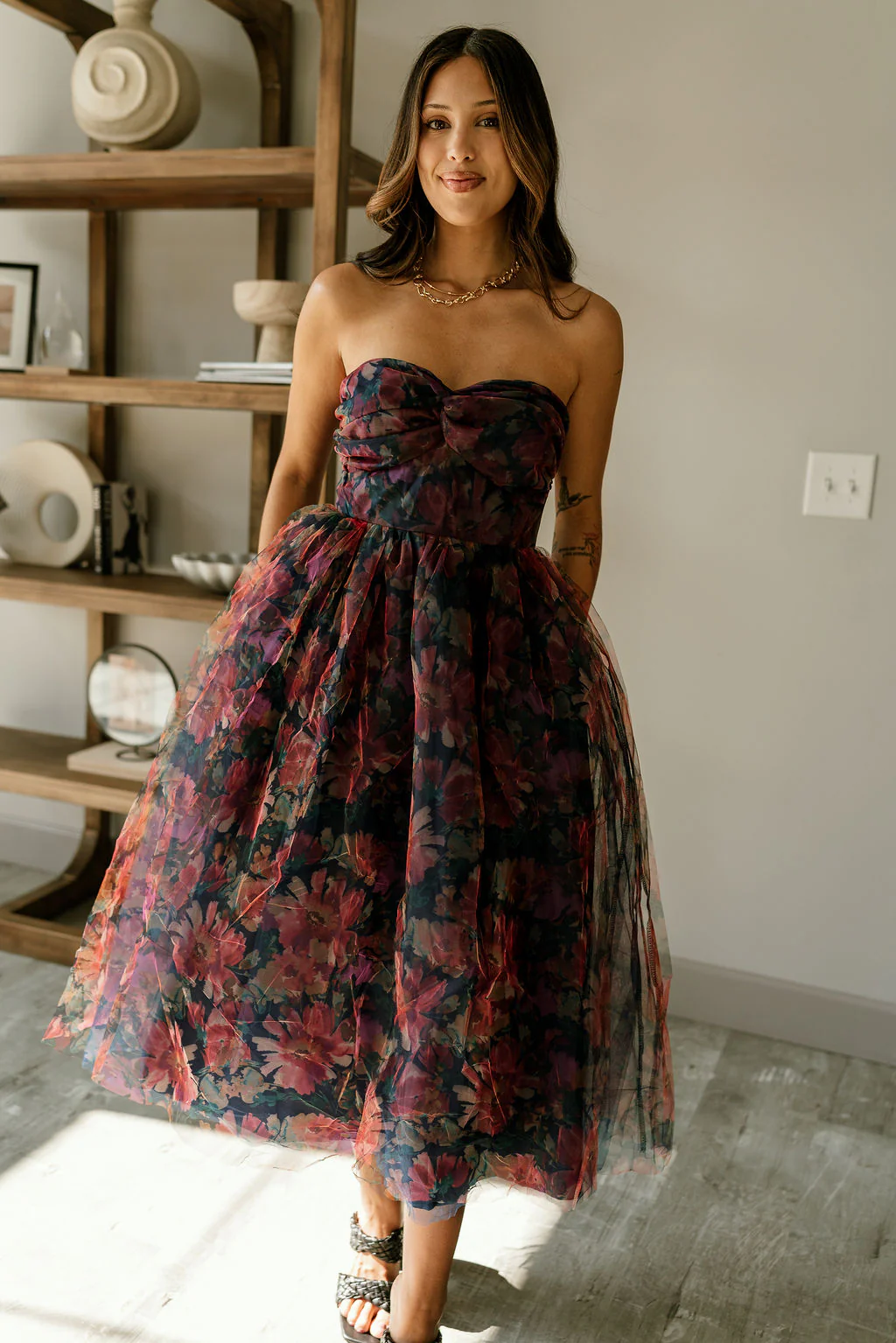 Mariah Navy Floral Tulle Midi Dress - Image 2