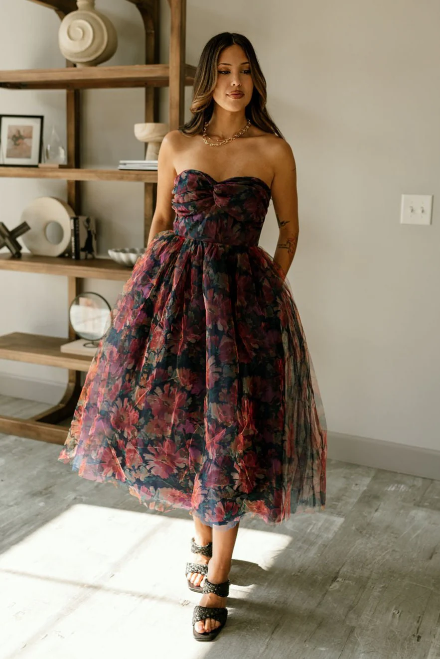 Mariah Navy Floral Tulle Midi Dress - Image 3
