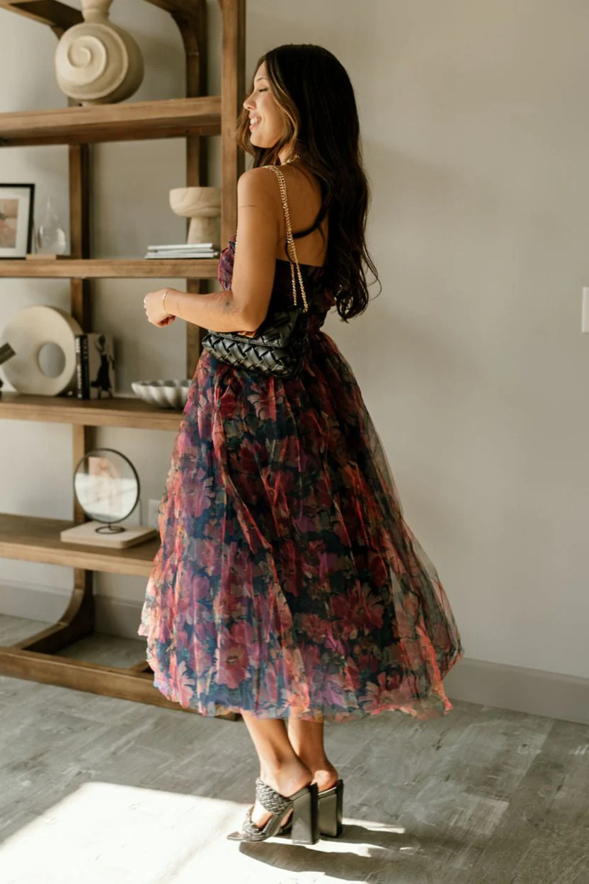 Mariah Navy Floral Tulle Midi Dress - Image 5