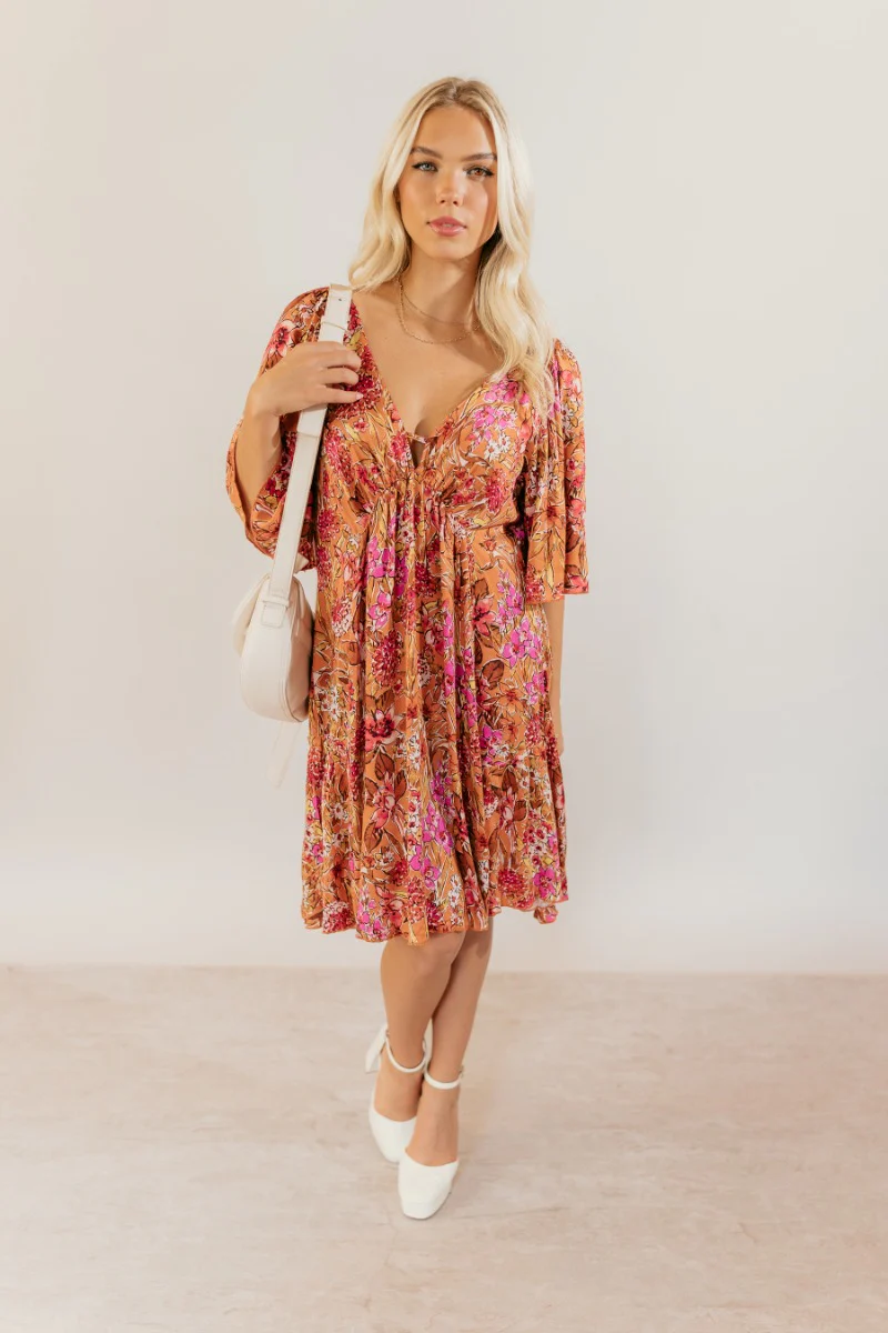 Rachel Rust Floral Short Sleeve Mini Dress