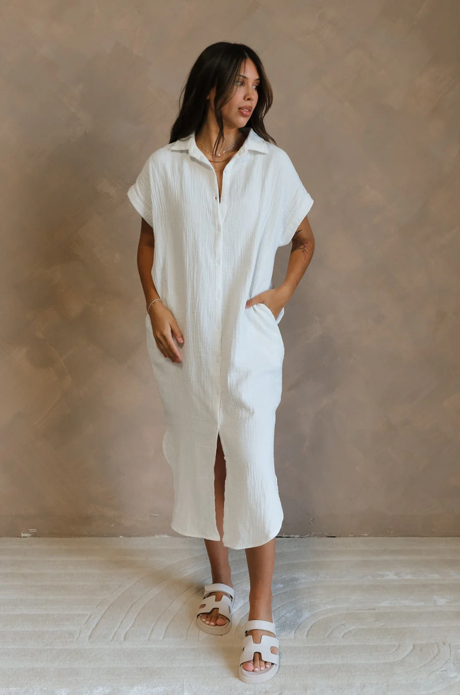 Maris White Button-Up Midi Dress - Image 5