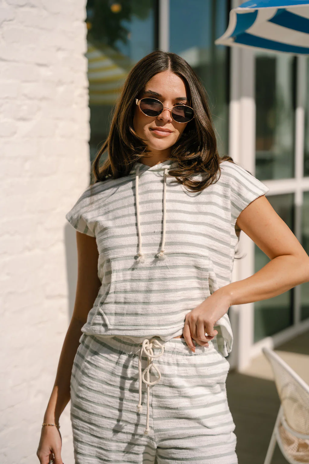 Marley Sage & White Stripe Hoodie Top - Image 2