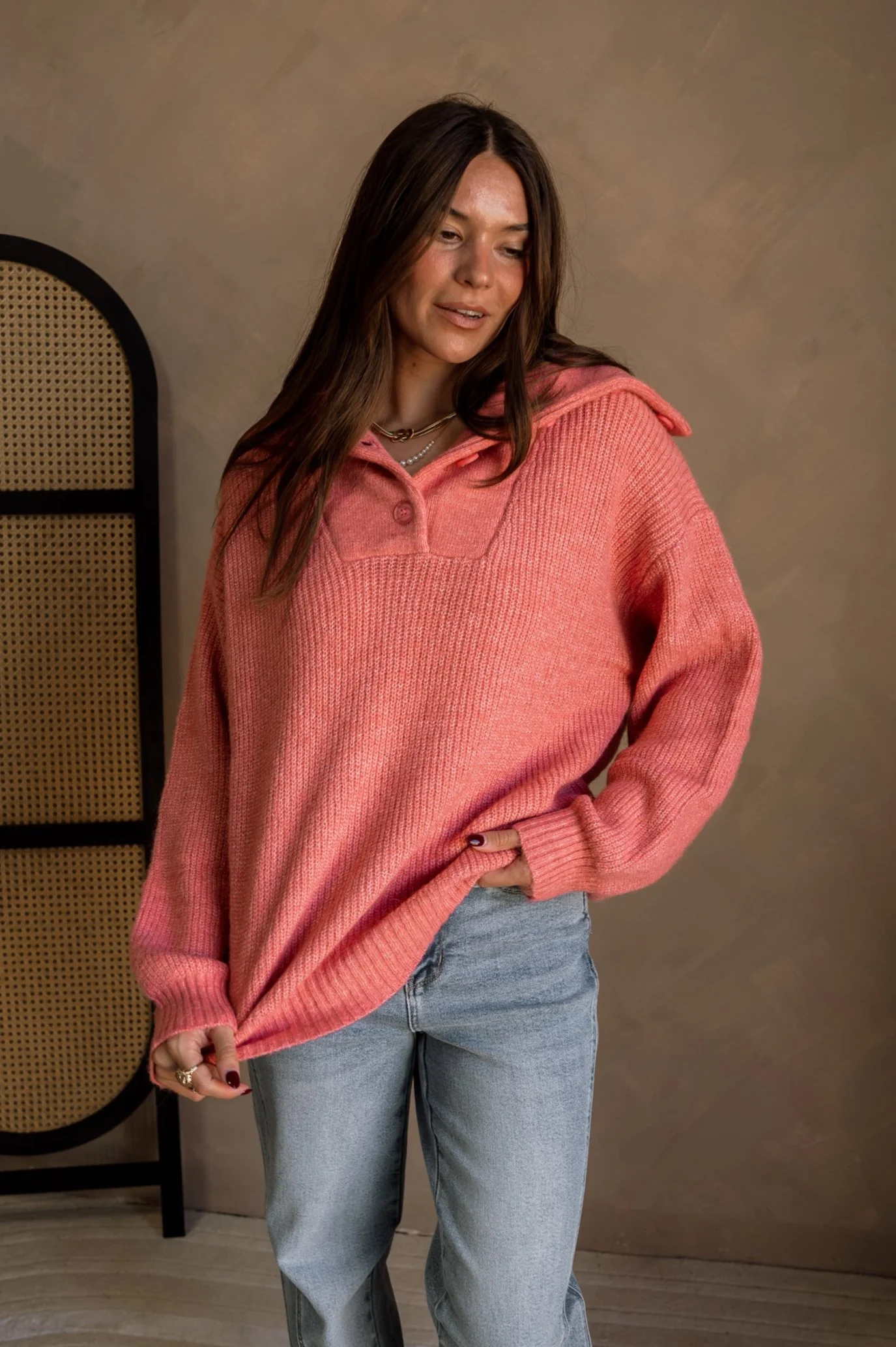 Marlo Coral Pink Knit Quarter Button-Up Sweater