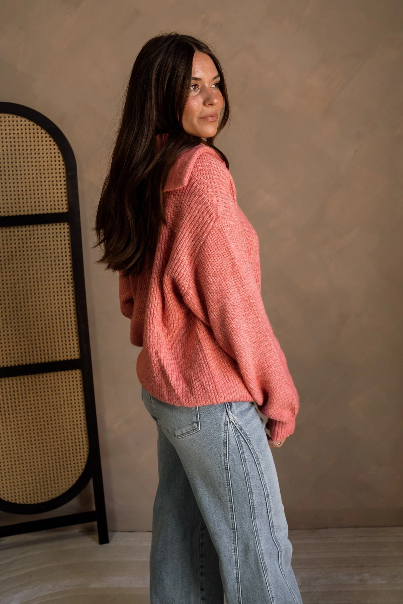 Marlo Coral Pink Knit Quarter Button-Up Sweater - Image 4