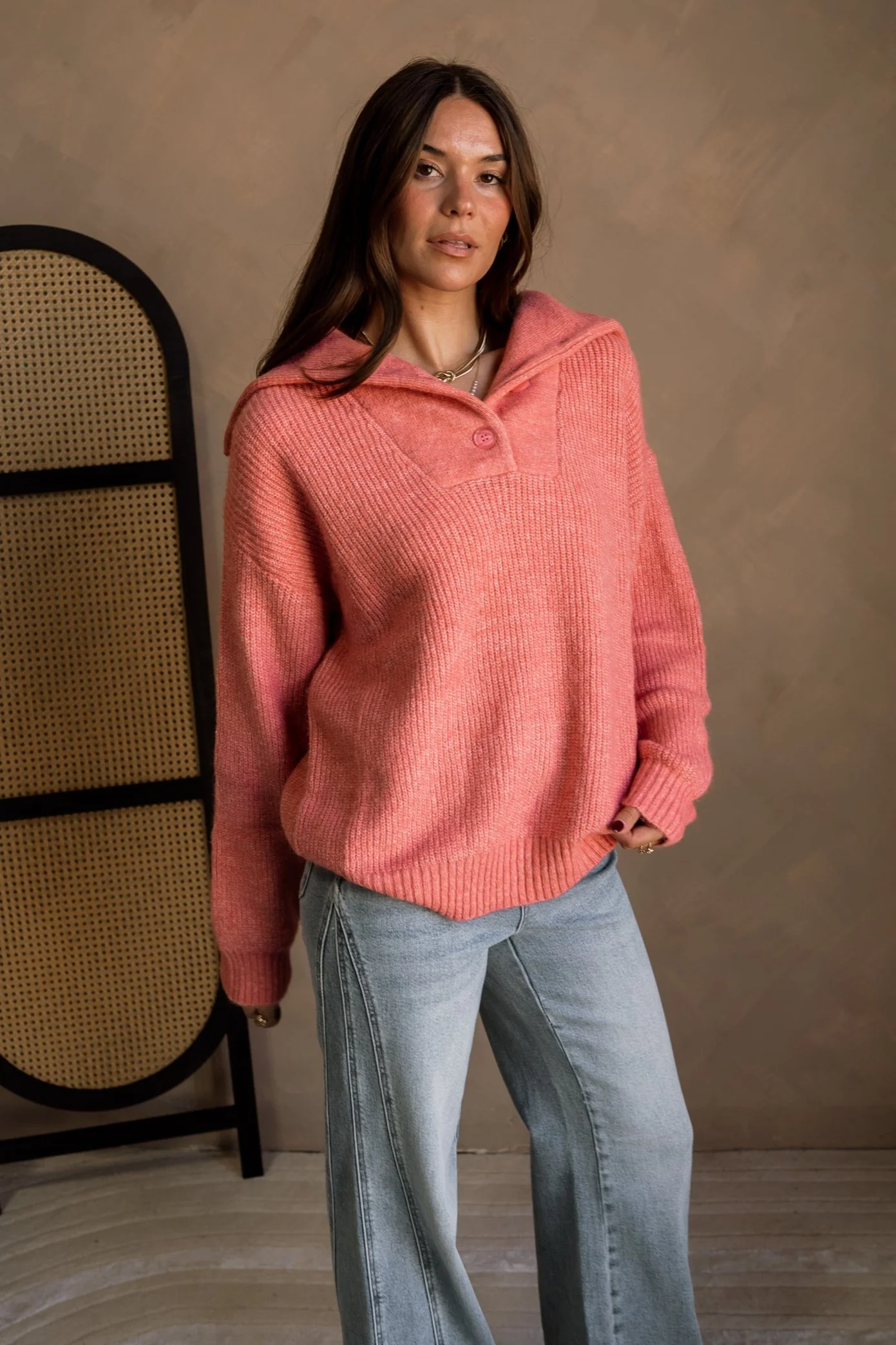 Marlo Coral Pink Knit Quarter Button-Up Sweater - Image 6