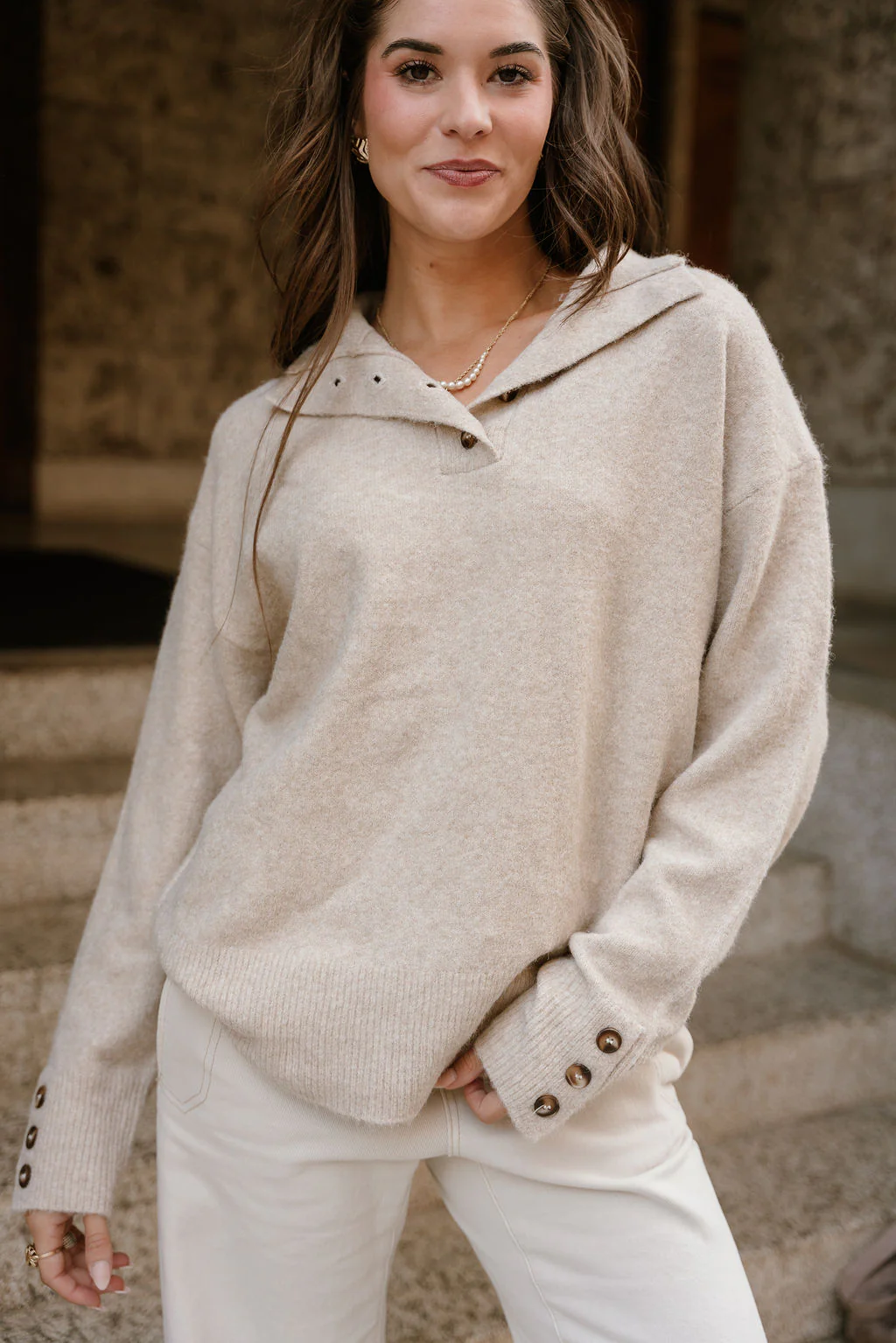 Marlowe Taupe Quarter Button-Up Sweater - Image 5