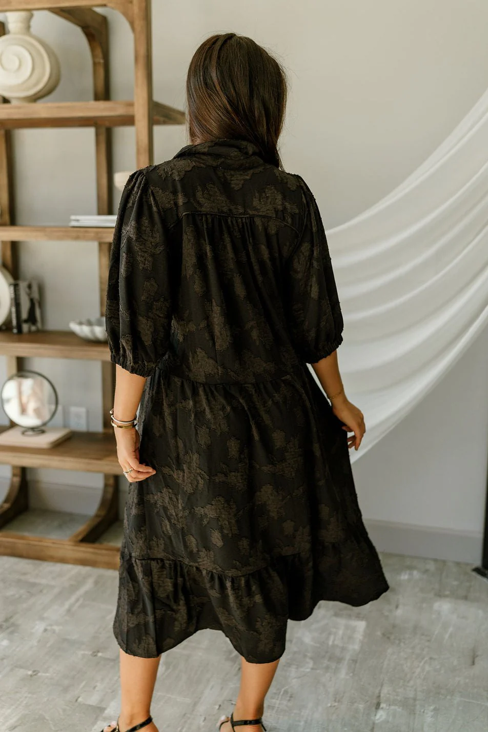 Maya Black Textured Floral Midi Dress - Image 4