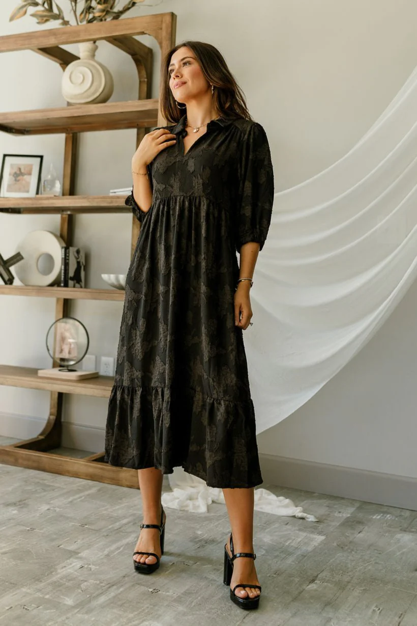 Maya Black Textured Floral Midi Dress - Image 5