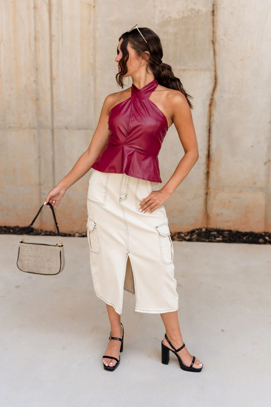 Maya Burgundy Faux Leather Halter Top - Image 2