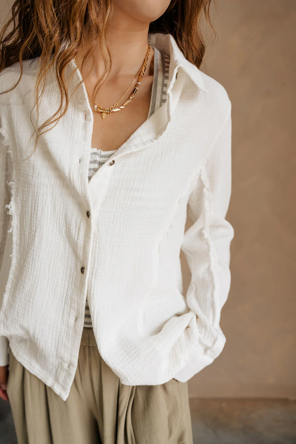 Maya Cream Gauze Button-Up Long Sleeve Top