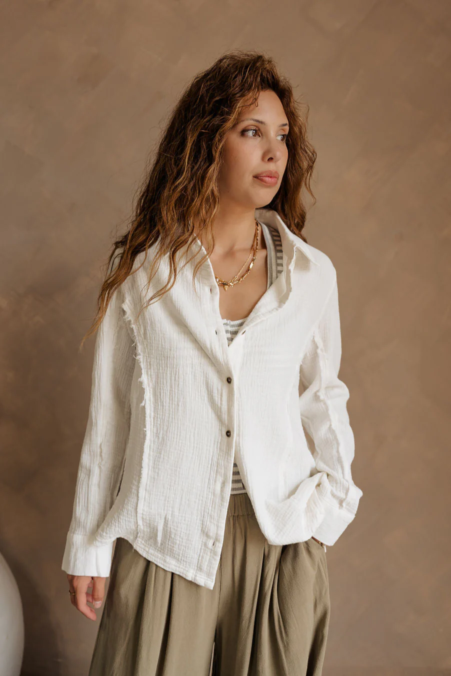 Maya Cream Gauze Button-Up Long Sleeve Top - Image 2